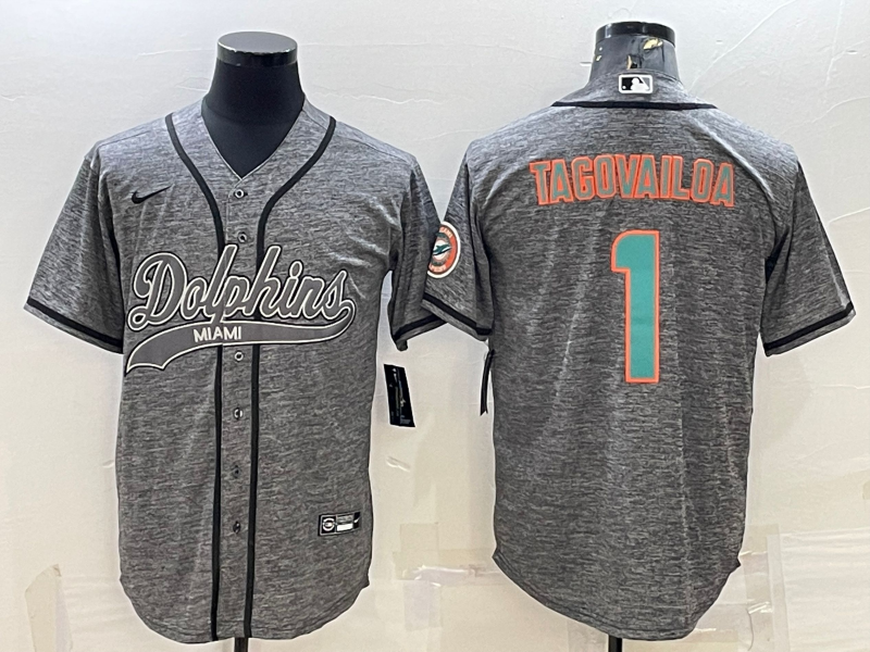 Men's Grey Miami Dolphins #1 Tua Tagovailoa With Patch Cool Base Stitched Baseball Jersey